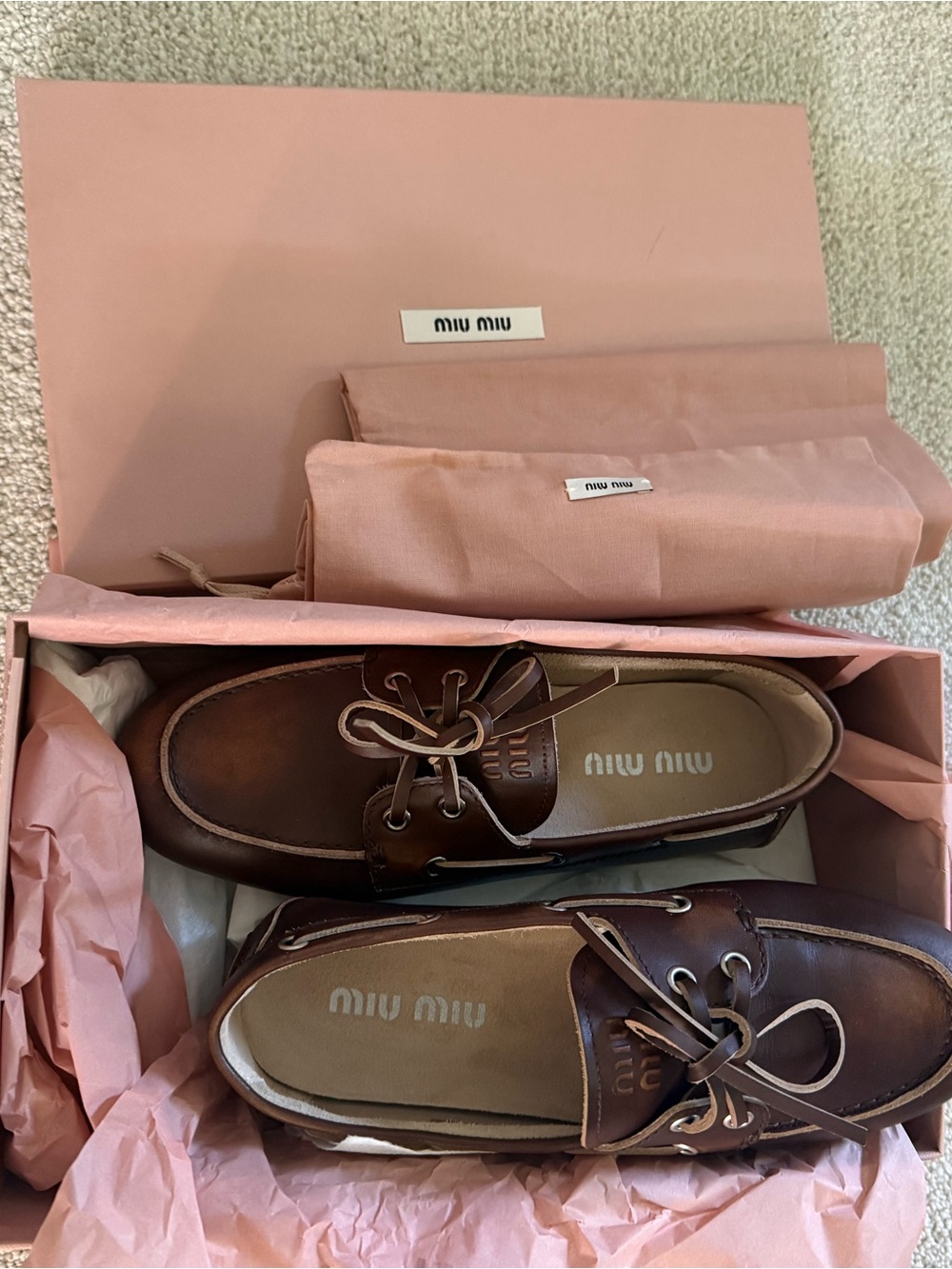 Miu Miu Men's Dark Brown Leather Boat Shoes
